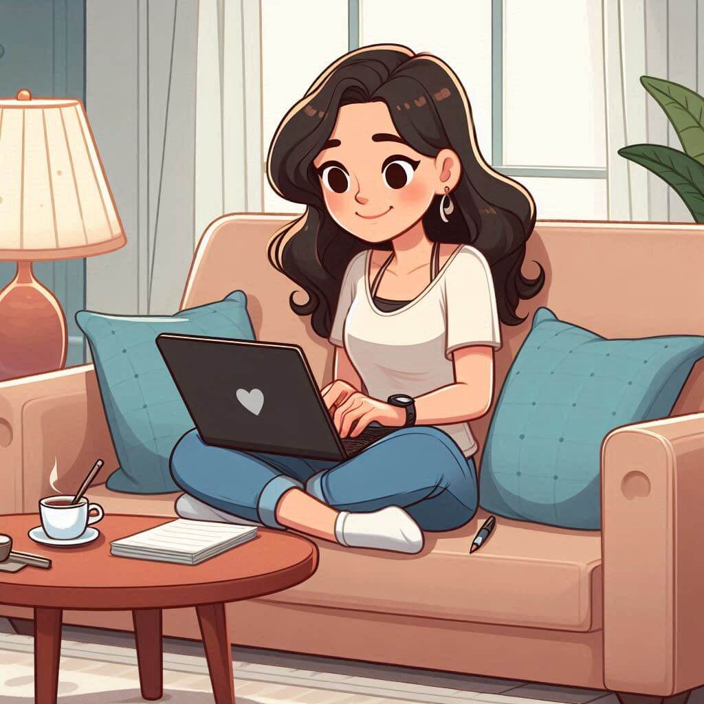 A cartoon brunette woman sitting on a couch, typing away on her laptop.